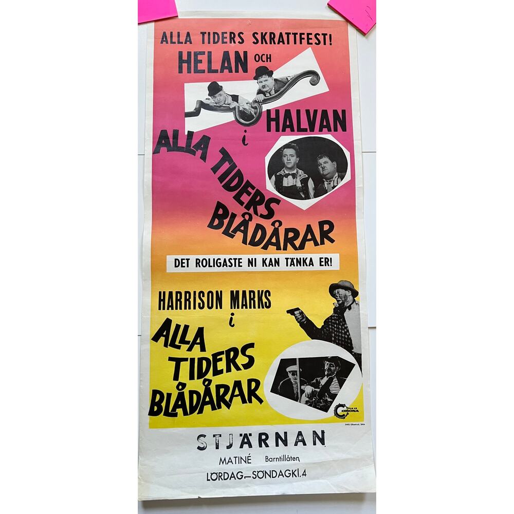 RARE Swedish 1970s Laurel and Hardy Movie Poster Stan Laurel Oliver Hardy